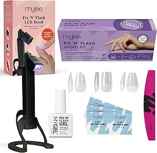 Mylee Fix N Flash Soft Gel Tips Kit with LED Torch - 3 shapes, 216pcs, Portable Gel Polish Lamp, USB Rechargeable, Movable Head, Gel, Prep Wipes & Half-moon Nail File, Full Cover, Nail Art Extensions