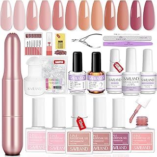 Saviland All-In-1 Builder Gel Kit: 6 Classic Colors With Drill, Mini Lamp, Glue, Base Top Coat - Hard Gel for Nail Extension Starter Kits