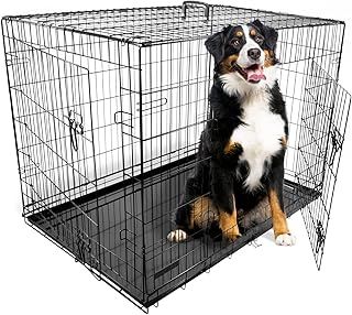 DogCrates+ Extra Large Foldable Dog Crate with 2 Doors, Non-Chew Metal, Removable Tray, 42-Inch Black