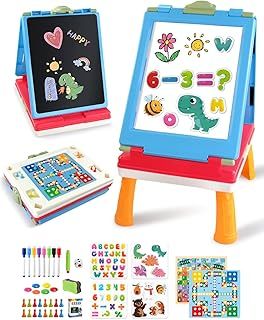 Elovien Easel Kids, 4 in 1 Double Sided Toddler Art Easel with Chalkboard & Magnetic Whiteboard, Foldable Kids Tabletop Easel with Drawing & Writing Accessories - Gift for Boys and Girls (Blue)