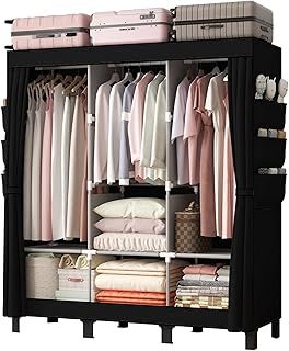LOEFME Canvas Wardrobe 172 * 130 * 45cm, Wardrobes for Bedroom, New Base Design Fabric Bedroom Wardrobes with 2 Hanging Rails and 18 Side Bags, Fabric Closet, Cheap Folding Wardrobe, Black