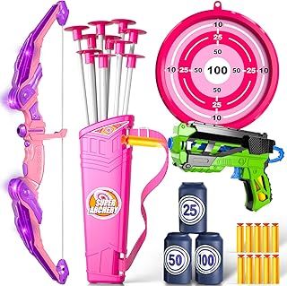 Doloowee Bow and Arrow Set Toy with LED Lights, Set Includes 1 Bow,1 Quiver, 10 Suction Cups Arrows Target, Indoor and Outdoor Game for 3 4 5 6 7 8-12 Years Old Boys Girls Toys