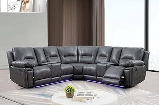 Sara Leather Electric Recliner Sofa With Cupholders - Leather Corner Sofa - 3+2 Seater - USB Charging Ports - LED Lights - Grey(Corner)