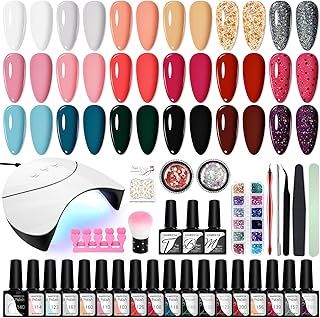 VANREESA 34 PCS Gel Nail Polish Set with Lamp Starter Kit, 18 Colours Gel Nail Kit Classic Popular Pink Red Glitter Soak Off Gels Polish Set with Manicure Tools Nails Salon Set Gifts for Women