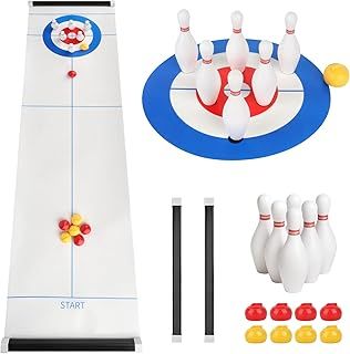 2 in 1 Tabletop Curling Game, Shuffleboard Table Games with Board Game Mat, 8 Stones & 6 Bowling Balls, Quick & Easy to Set-Up Curling Game, Family Board Games for Kids and Adults