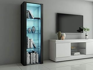 Panana LED Tall Display Cabinet with Glass Shelf Modern Sideboard Cupboard Unit for Living Room Bedroom Furniture (Black Matt Body & Black High Gloss Fronts)