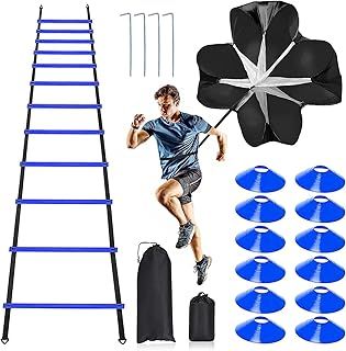 Pro Speed Agility Training Set,Includes 12 Rung 20ft Adjustable Agility Ladder with Bag,12 Sports Cones,4 Steel Stakes,1 Resistance Parachute for Kids Adults Football Speed Training Workout