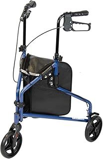 NRS Healthcare 3 Wheel Steel Rollator Wheeled Walking Aid with Bag & Lockable Brakes, Folding & Height Adjustable – Blue