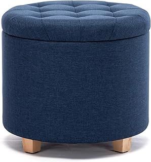 45cm Round Linen Padded Seat Ottoman Storage Stool Box, Footstool Pouffes Chair with Lids (Navy)