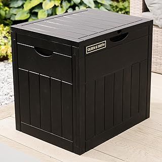 Olsen & Smith 126L Capacity Outdoor Garden Plastic Storage Box Small Balcony Furniture - Lockable with Padlock Lock, Weather Resistant, Wood Panel Look Shed Chest