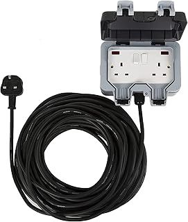 10M 2 Gang IP66 Waterproof Outdoor 2 Way Extension Lead Socket with Switch Indicator Light Black
