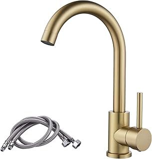 Gold Kitchen Tap, Swan Neck Single Lever Kitchen Sink Tap with Swivel Spout and Hoses, NewEast Kitchen Monobloc Mixer Tap