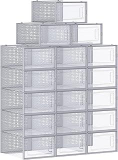 SONGMICS Shoe Boxes, Pack of 18 Stackable Shoe Storage Organisers, Foldable and Versatile for Sneakers, Fit up to UK Size 11, Transparent and Grey LSP006G18
