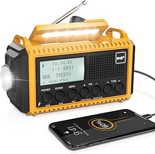 ROCAM Wind Up Solar Radio, DAB/FM Radio with 5000mAh Rechargeable Power Bank, Solar Panel/USB/Hand Crank Charger, Battery Radio Portable, SOS Alarm & Flashlight for Camping Emergencies