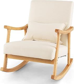 RELAX4LIFE Rocking Chair, Upholstered Relaxing Recliner Armchair with Soft Cushion & Lumbar Pillow, Leisure Rocker Lounge Chair for Living Room Bedroom (Natural+Beige,78x66x83cm)