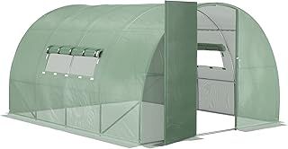 Outsunny Large Polytunnel Walk In Greenhouse, Plant Gardening Tunnel Green House with Metal Hinged Door, Galvanised Steel Frame & Mesh Windows, Green (3 x 4 m)