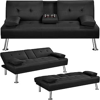 Yaheetech Sofa Bed Fabric Click Clack Sofa Bed with 2 Cup Holders, Convertible Futon Settee, Futon Recliner Lounge for Living Room, Spare Room, Bedroom, Black