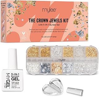Mylee Crown Jewels Nail Art Kit, 12-Piece Set + 5 in 1 Clear Builder Gel, Silver & Gold Decorations, Metal Rhinestones Studs, for Gel, Acrylic, & Natural Nails, Curving Tool, Professional & Beginner