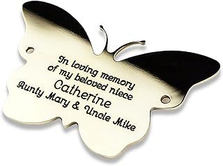 2" high butterfly shape solid brass engraved nameplate. Personalised engraved memorial plaque