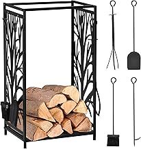HOMCOM Steel Firewood Log Holder Indoor Outdoor Firewood Rack Fireplace Wood Storage Shelf with 4 Tools, Hooks, Tree Pattern Design, Rust-Resistant, Black, 46W x 30D x 70H cm
