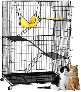 Yaheetech Cat Cage 123cm Metal Pet Cage on Wheels Rolling 4 Tiers Pet Cage with Double Layer Hammock/ 3 Ladder/Litter Tray/Brake Casters Travel Cat Cage Indoor/Outdoor, Black