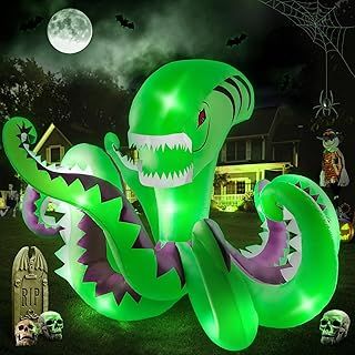 Halloween Inflatable Giant Green Octopus, 7 FT Long Halloween Outdoors Decorations with Build in LED Lights Blow Up Yard Decoration Scary Inflatable for Yard Garden Lawn Indoor Outdoor Decor