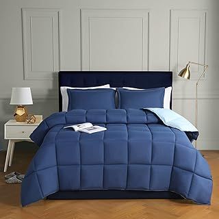 HIG 3 Pieces Navy Blue Coverless Duvet Double - 200 x 200cm - Reversible Duvet with Baffle Box Design - 10.5 Tog Down Alternative Comforter Set - Corner Duvet Tabs - Machine Washable & Durable