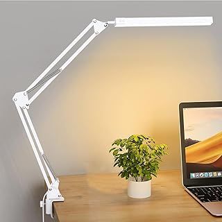 LED Desk Lamp, Swing Arm Desk Light with Clamp, 3 Lighting 10 Brightness Eye-Caring Modes, Reading Desk Lamps for Home Office 360°Spin with USB Adapter & Memory Function black-12W （White）