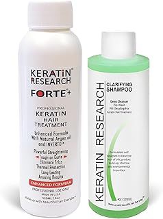 KERATIN RESEARCH Most Effective Brazilian Keratin Hair Blowout Straightening Smoothing Hair Treatment Instant Professional Results Salon Formula With Clarifying Shampoo (FORTE)