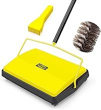 JEHONN Carpet Sweeper Manual with Horsehair, Non Electric Quite Floor Rug Roller Brush Push for Cleaning Pet Hair, Loose Debris, Lint (Yellow)