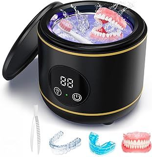 Ultrasonic Retainer Cleaner, 45kHz Ultrasonic Denture Cleaner Machine with UV-Light, Portable Ultrasonic Cleaner for Aligner, Mouthguard (Black)