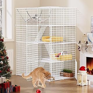YITAHOME Large Cat Cage Indoor, Enclosure Metal Wire 4-Tiers Cat Kennels with 4 Doors, 3 Ladders, DIY Cat Playpen Catio with Large Hammock, Animals Cages for for 1-3 Cats Bunny, White,107x72x142cm