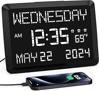 Mesqool Digital Calendar Day Clock, 11.5” Extra Large Dementia Clock with Clear Temperature Display, Alarm Clock with Snooze, 5 Dimmer and USB Chargers, Desk and Wall Clock for Elderly and Memory Loss