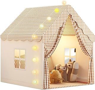 Aolawco Kid Play Tent with Lights, Kids House Indoor & Outdoor,Toddlers Play Tent with Windows - Large Toddler Tent for Kids -Toy House Gift for Boys & Girls - Khaki (47 * 40 * 51)