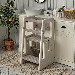 GYMAX Step Stool for Kids, Kitchen Helper Stand with Double Safety Rails, Adjustable Heights and Anti-Slip Foot Pads, Toddler Tower Lightweight Stepladder (Gray)