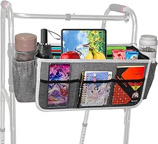Large Walker Tote Bag with 2 Cup Holder,Walker Basket,Walking Frame Bag,Folding Walker Attachment Hands-Free Storage Basket Mobility Aid Accessory Pouch for Elderly (Grey)