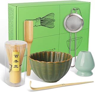 Matcha Whisk Set, 6Pcs Matcha Tea Set for Making Breakfast Matcha Latte, Bamboo Matcha Whisk and Bowl Scoop, Spoon, Sifter, Whisk Holder, Matcha Kit Gift for Starter Matcha Lover