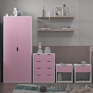 AFN Home Delvito 4 Piece Bedroom Furniture Set - Includes Wardrobe, 5 Drawer Chest, Bedside Cabinet (Pink on White)