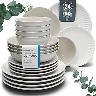 24-Piece Dinnerware Set Hygge Series - Bowl and Plate Set - Stoneware Dining Set for 6 People - Dishwasher and Microwave Safe - Grooved Dining Service in Light Grey
