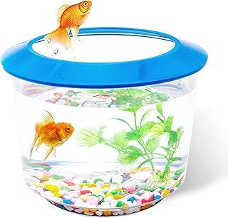 Goldfish Tank Small Fish Tanks and Aquariums Fish Bowl for Goldfish Complete Set up Kids Fish Tank Starter Kits with Gravel Ornamental Plant (Blue)