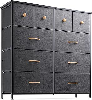 Nicehill Chest of Drawers with 10 Drawers, Dressers & Chests of Drawers Kids Dresser for Bedroom, Kids Room, Closet, Clothes, Fabric Dresser with Storage Drawers, Black Grey