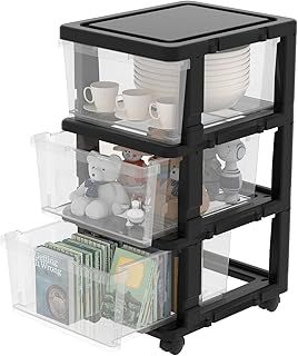 Cetomo Plastic Storage Drawers Unit, Storage Drawer on Locking Wheels, Tower with Interlocking Hooks for Home Office Closet Bedroom Dorm, Detachable, Free Combination, Clear and Black, 3 Drawers