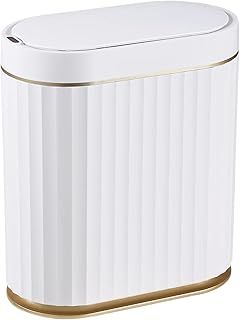 Bathroom Trash Can with Lid - ELPHECO Waterproof Automatic Trash Can, 2 Gallon Slimline Smart Trash Can, 9 L Narrow Motion Sensor Trash Can for Bedroom, Bathroom, Kitchen, Office, White with Gold Trim