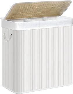 SONGMICS Laundry Hamper Basket with 3 Sections, Clip-on Lid and Handles, 150L Foldable, for Laundry Room, Bedroom, Bathroom, White LCB091W01