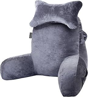 Reading Pillow for Sitting in Bed Couch Adult, Back Pillow with arm Support and Pockets, Adult Back Pillow Bed Chair for Bed Rest, Reading, Watching TV, Gaming for Boys and Girls Dark Grey