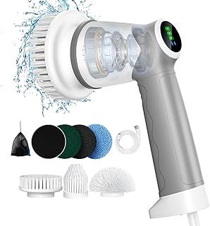 electric spin scrubber cordle ss,Power Scrubber with 6 Replaceable Brush Heads and 2 Rotating Speeds,Portable Electric Cleaning Brush with led display for for Bathroom, Tub, Tile, Floor, Car, Wheel