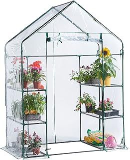 VonHaus Walk In Greenhouse – Compact Green House with 6 Shelves and Weatherproof PVC Plastic Cover – Plant House for Garden and Outdoor – Roll up Zip Panel Door – Easy No Tool Assembly