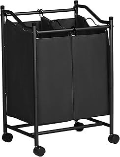 SONGMICS 2-Bag Rolling Laundry Sorter, Laundry Basket on Wheels, Hamper with Removable Bags, Total Capacity 90L, Black LSF002BK
