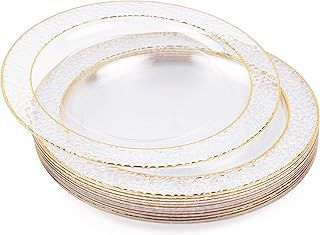 MATANA 40 Premium Hard Plastic Plates with Hammered Gold Rim - 20 x 26cm, 20 x 19cm - Reusable Gold Party Plates for Weddings, Birthdays, Christmas, Parties