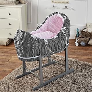 For Your Little One Pod Grey Wicker Moses Basket With Rocking Stand & Mattress - Pink Dimple